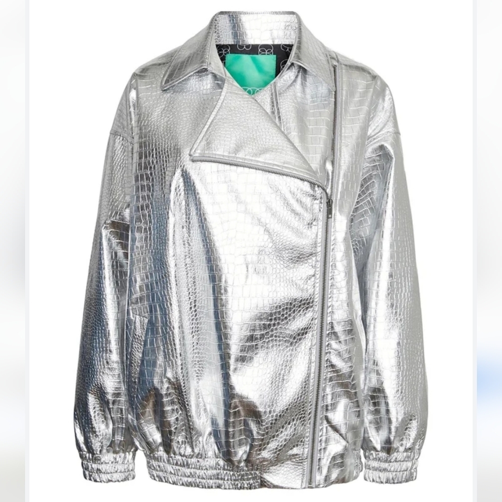NWT SOMETHING NEW Aria Metallic Croc Embossed Faux Leather Moto Jacket Oversized
